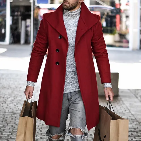 Manteau en Laine Mi-Long pour Hommes Style Britannique Grand Revers Pardessus Boutonnage Simple en Polyester pour Automne Hiver Décontracté