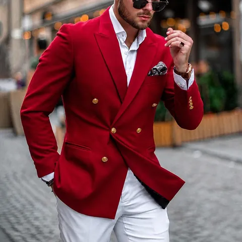 Men's Casual Blazer Polyester Woolen Jacket Double Breasted Slim Fit Red Lapel Autumn Winter Outerwear For Men