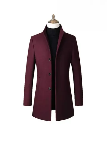 Men's Mid-Length Stand Collar Pea Coat Single-Breasted Woolen Trench Coat Slim Fit Business Casual Solid Overcoat Jacket