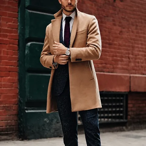 Men British Mid-Length Casual Overcoat Polyester Wool Look Coat Suit Lapel Single Breasted Windbreaker For Young Men