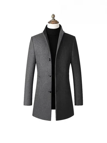 Men's Mid-Length Stand Collar Pea Coat Single-Breasted Woolen Trench Coat Slim Fit Business Casual Solid Overcoat Jacket