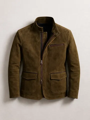 Men Stand Collar Zipper Jacket Vintage Casual Polyester Frosted Texture Outerwear Top For Autumn Winter