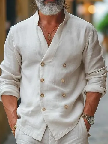 Chemise Décontractée en Mélange de Coton pour Hommes Double Boutonnage Col Montant Manches Longues Couleur Unie Coupe Large