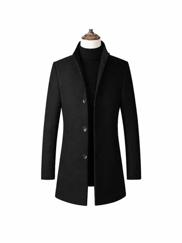 Men Woolen Overcoat Stand Collar Single Breasted Long Coat Padded Thicken Slim Fit Casual Business Trench Coat For Winter
