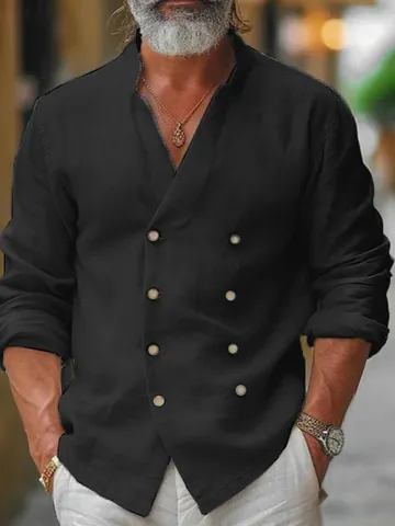 Chemise Décontractée en Mélange de Coton pour Hommes Double Boutonnage Col Montant Manches Longues Couleur Unie Coupe Large