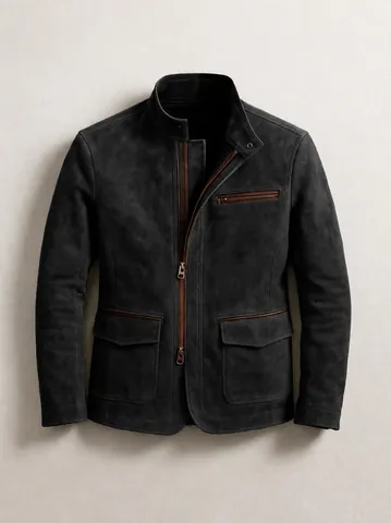 Men Stand Collar Zipper Jacket Vintage Casual Polyester Frosted Texture Outerwear Top For Autumn Winter