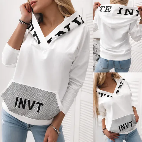 Women Casual Cotton Spandex Loose Hooded Sweatshirt Letter Print V Neck Long Sleeve Pullover Top Streetwear Autumn Hoodie
