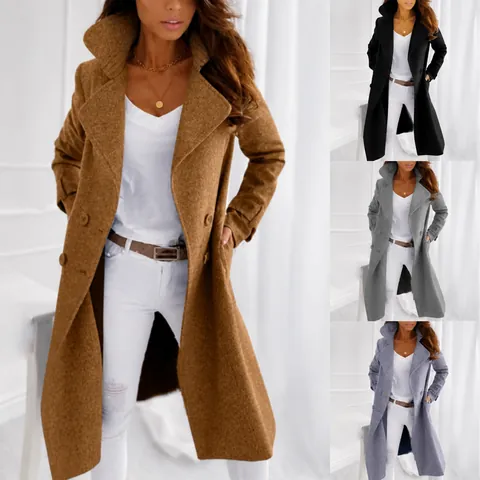 Women Mid-Length Polyester Woolen Trench Coat Double Breasted Lapel Slim Fit Winter Overcoat Long Sleeve Solid Jacket