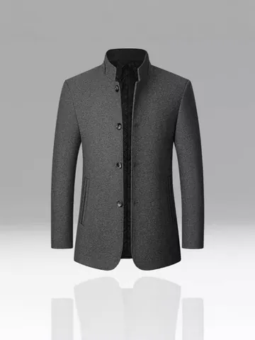 Men Mid-Length Woolen Overcoat Stand Collar Padded Thick Winter Coat Windbreaker Single Breasted Business Casual Jacket Top