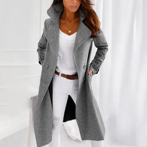 Women Mid-Length Polyester Woolen Trench Coat Double Breasted Lapel Slim Fit Winter Overcoat Long Sleeve Solid Jacket