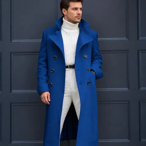 Men Slim Fit Double Breasted Woolen Trench Coat Long Winter Jacket Casual Solid Color Lapel Overcoat For Outdoor Daily Wear