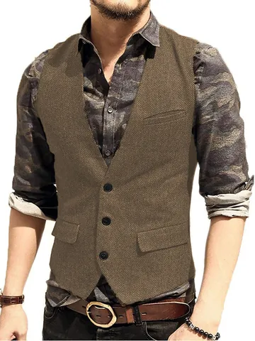 Men Retro Herringbone Tweed Waistcoat Slim Fit V-Neck Sleeveless Vest Casual Business Outerwear Jacket For Autumn Spring Men Clothing