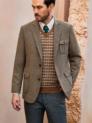 Men British Style Herringbone Casual Suit Jacket Vintage Cotton Blend Slim Fit Blazer Top Camel