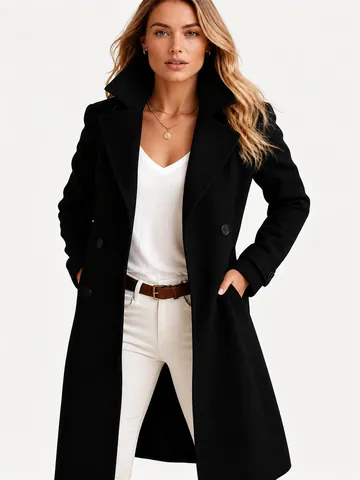 Women's European Style Woolen Trench Coat Fashion Solid Color Lapel Double Breasted Mid-length Outerwear Coat For Autumn Winter