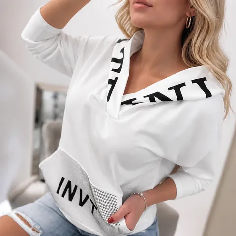 Women Casual Cotton Spandex Loose Hooded Sweatshirt Letter Print V Neck Long Sleeve Pullover Top Streetwear Autumn Hoodie
