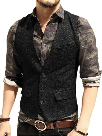 Men Retro Herringbone Tweed Waistcoat Slim Fit V-Neck Sleeveless Vest Casual Business Outerwear Jacket For Autumn Spring Men Clothing