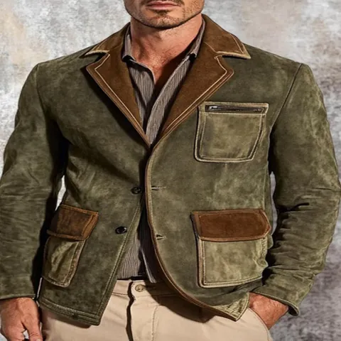 Men Vintage Polyester Suede Casual Blazer Retro Workwear Jacket Multi Pocket Color Block Patchwork Lapel Top