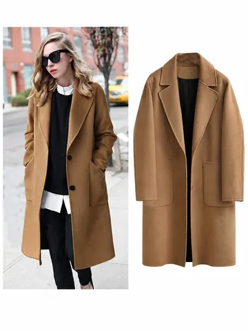 Cappotto di Lana da Donna Vestibilità Larga Mezza Lunghezza Soprabito con Revers Misto Poliestere Cachemire Capispalla con Tasche Casual Streetwear
