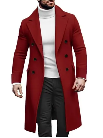 Men British Style Double Breasted Woolen Look Overcoat Business Casual Mid-Length Trench Coat Slim Fit Fashion Outerwear