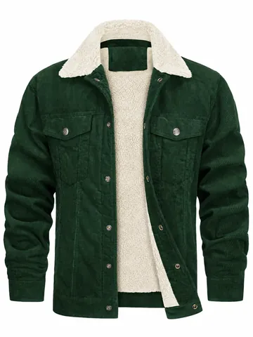 Men's Corduroy Sherpa Lined Jacket Winter Warm Fleece Casual Loose Turn-down Collar Workwear Coat Top