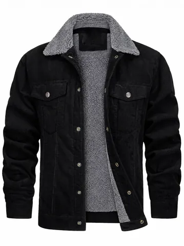 Men's Corduroy Sherpa Lined Jacket Winter Warm Fleece Casual Loose Turn-down Collar Workwear Coat Top
