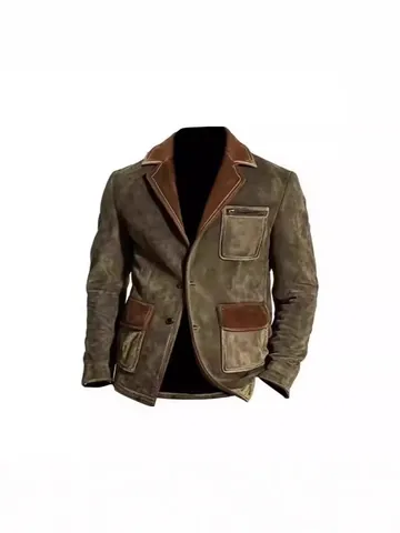 Men Vintage Polyester Suede Casual Blazer Retro Workwear Jacket Multi Pocket Color Block Patchwork Lapel Top