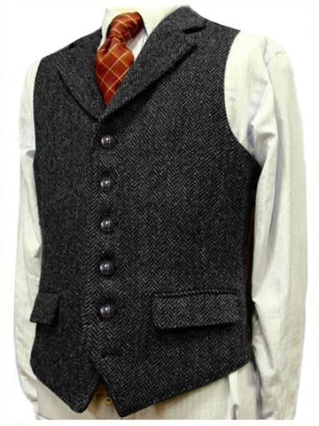 Gilet da Uomo British Vintage Spina di Pesce Slim Fit Monopetto Revers Gilet Senza Maniche Autunno Inverno Casual Suit Gilet Top