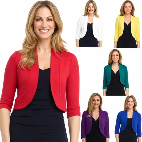 Women Solid Color Cropped Bolero Shrug Cardigan Polyester Open Front 3/4 Sleeve Top Casual Elegant Lightweight Jacket