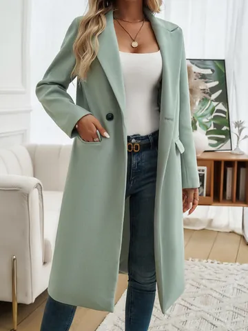 Women's Autumn Winter Long Woolen Coat Notched Lapel Slim Fit Trench Overcoat Polyester Blend Solid Color Outwear Top