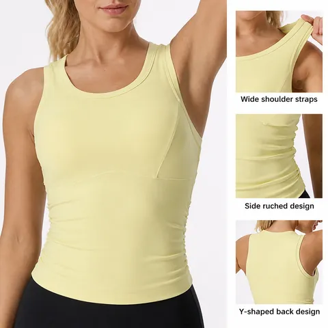 Dames Geplooid Sport Yoga Tanktop Sneldrogend Slim Fit Mouwloos Gym Top Met Ingebouwde Borstpads Nylon Elastaan Sportkleding