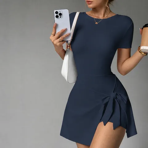 Women Sport Skort Romper Fake Two Piece Tennis Dress With Bow Tie Waist Quick Dry Nylon Spandex Fitness Yoga Activewear