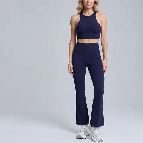 Damen Rippen Yoga Set Hohe Taille Po-Lifting Ausgestellte Hose Überkreuzter Rücken Sport Top Und Bottom Für Fitness Gym