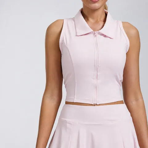 Dames Mouwloos Sneldrogend Polokraag Ritssluiting Tennisvest Yoga Sporttop Slim Fit Met Borstkussen Sportkleding