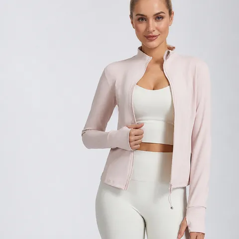 Women Slim Fit Yoga Jacket Quick Dry Stand Collar Full Zip Sports Running Jacket With Thumbholes Polyester Long Sleeve Activewear Top