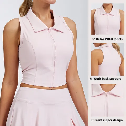 Dames Mouwloos Sneldrogend Polokraag Ritssluiting Tennisvest Yoga Sporttop Slim Fit Met Borstkussen Sportkleding