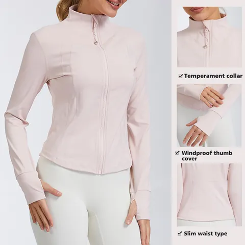 Women Slim Fit Yoga Jacket Quick Dry Stand Collar Full Zip Sports Running Jacket With Thumbholes Polyester Long Sleeve Activewear Top