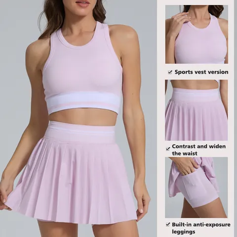 Women's High Waist Pleated Tennis Skirt Set Nylon Spandex Breathable Anti-exposure Badminton Yoga Gym Sports Top And Bottom