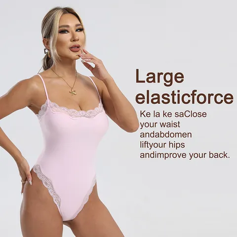 Women Sexy Lace Trim Bodysuit Nylon Breathable Slimming Shapewear One-Piece Top And Bottom For Everyday Summer