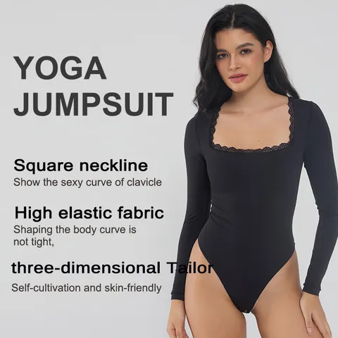 Women's Sexy Lace Trim Square Neck Bodysuit Long Sleeve Breathable Slimming Shapewear Solid Color Black Top