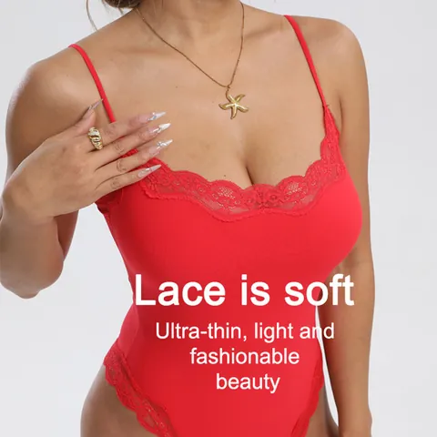 Women Sexy Lace Trim Bodysuit Nylon Breathable Slimming Shapewear One-Piece Top And Bottom For Everyday Summer