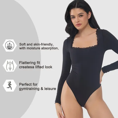 Women's Sexy Lace Trim Square Neck Bodysuit Long Sleeve Breathable Slimming Shapewear Solid Color Black Top