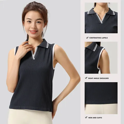 Dames Naadloze Yoga Tennis Mouwloze Polo Top Geribbelde V-Hals Sportvest Nylon Spandex Ademend Sportief Hardlopen Gym Top