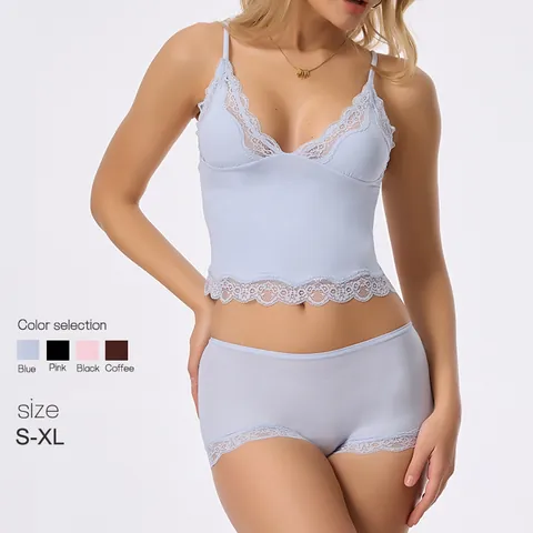 Women Sexy Lace Lingerie Set V-Neck Camisole Top And Bottom Set Lace Trim Bralette And Shorts Two Piece Sleepwear Set