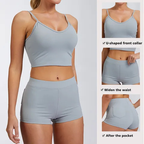 Vrouwen Outdoor Sport Sneldrogend Yoga Set V-Hals Sport BH En Hoge Taille Pocket Shorts Slim Sportkleding Gym Fitness Trainingspak