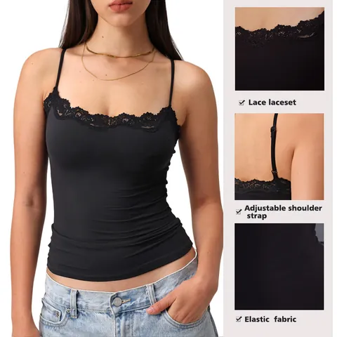 Dames Sexy Kantafwerking Slim Fit Camisole Vierkante Hals Mouwloos Spaghettibandjes Tanktop Casual Effen Zomer Top