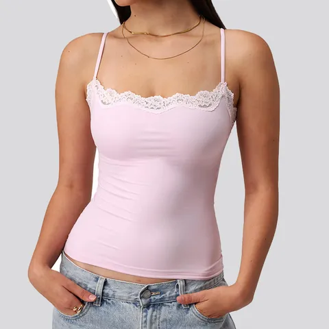 Dames Sexy Kantafwerking Slim Fit Camisole Vierkante Hals Mouwloos Spaghettibandjes Tanktop Casual Effen Zomer Top