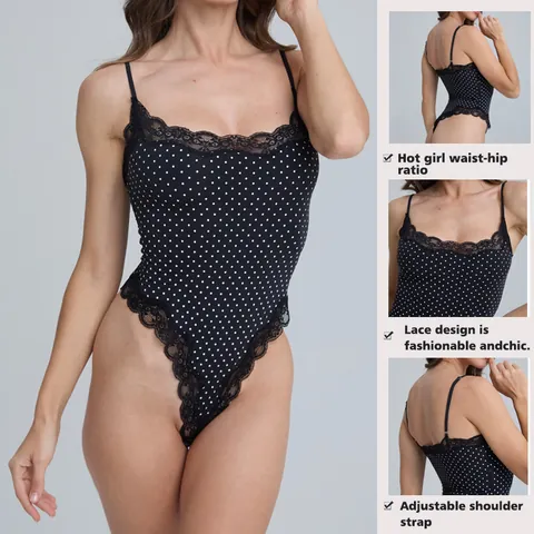 Women Sexy Lace Polka Dot Bodysuit Adjustable Spaghetti Strap Backless Shapewear Slimming Polyamide Spandex Top