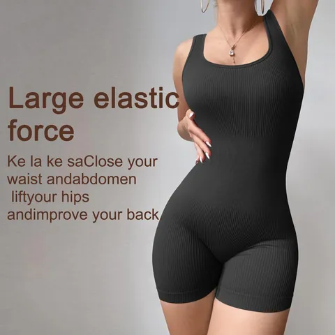 Women Ribbed Seamless Yoga Jumpsuit Sleeveless Bodycon Workout Fitness Bodysuit Athletic One Piece Romper Top And Bottom