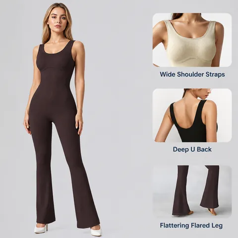 Dames Ribgebreid U-Hals Uitlopende Jumpsuit Sexy Rugloos Mouwloos Eendelig Yoga Uitlopende Broek Slim Fit Bodysuit Top And Bottom