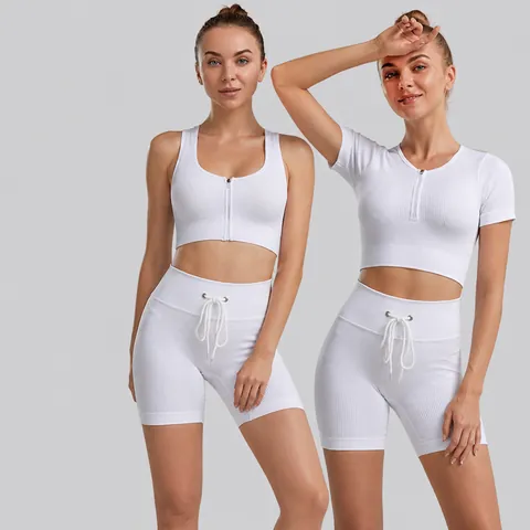 Women Ribbed Yoga Top And Bottom Slim Fit Front Zipper Sports Bra Short Sleeve Crop Top Drawstring Lifting Shorts Set